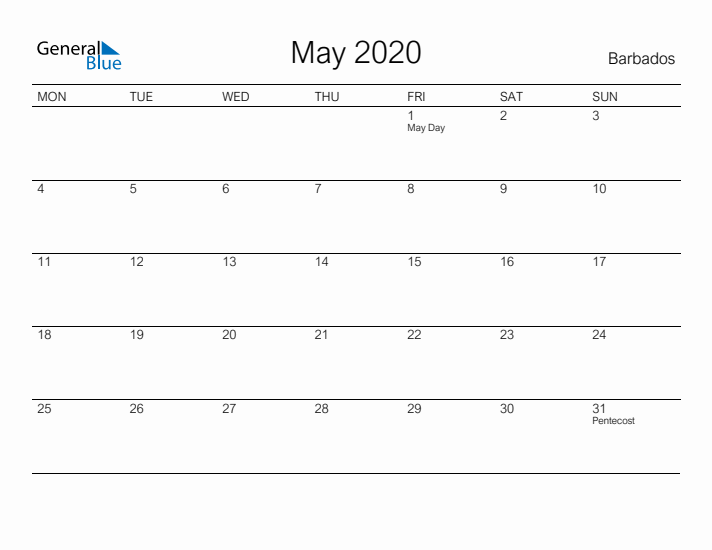 Printable May 2020 Calendar for Barbados