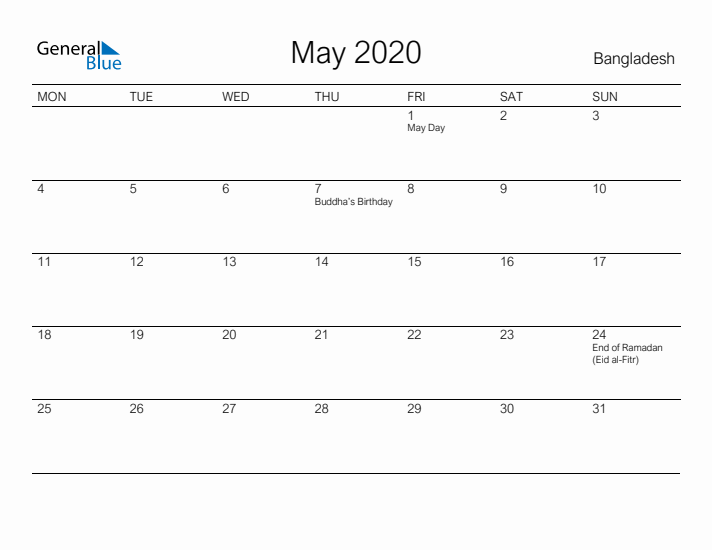 Printable May 2020 Calendar for Bangladesh