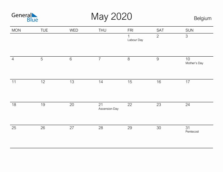 Printable May 2020 Calendar for Belgium