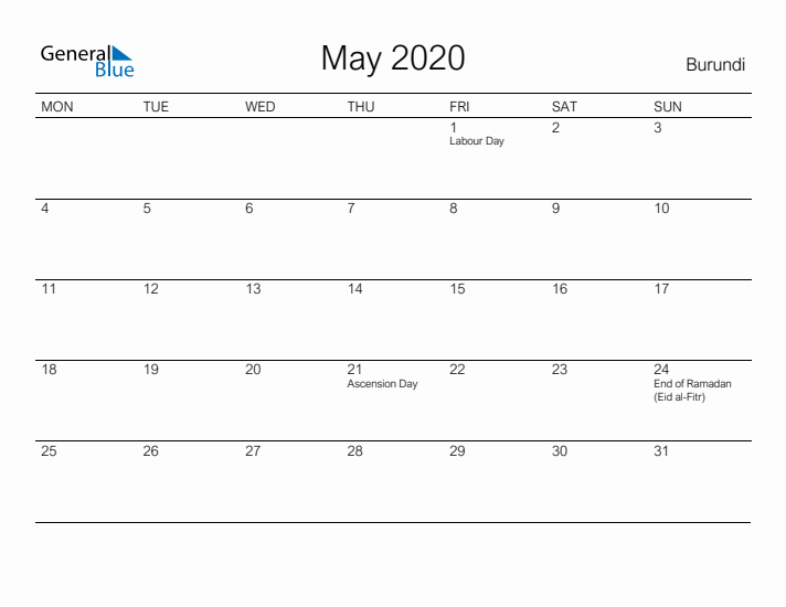 Printable May 2020 Calendar for Burundi