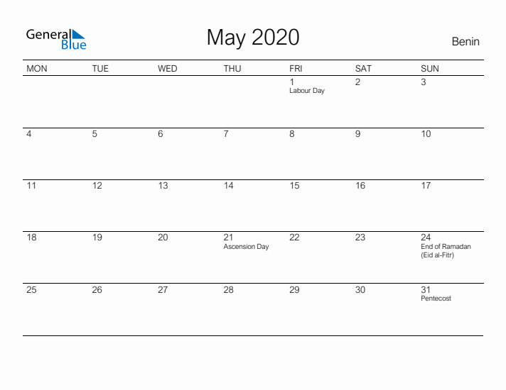 Printable May 2020 Calendar for Benin