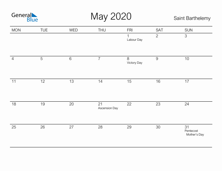 Printable May 2020 Calendar for Saint Barthelemy