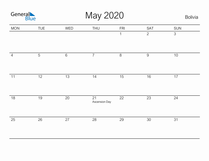Printable May 2020 Calendar for Bolivia