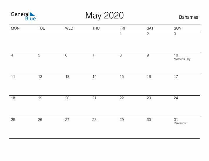 Printable May 2020 Calendar for Bahamas