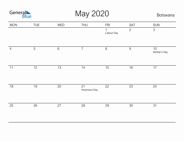 Printable May 2020 Calendar for Botswana