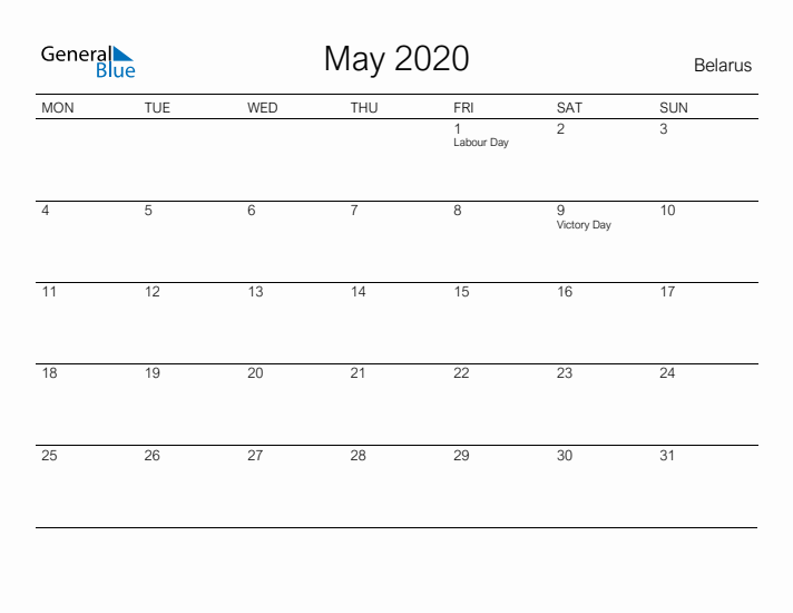 Printable May 2020 Calendar for Belarus
