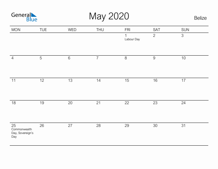 Printable May 2020 Calendar for Belize