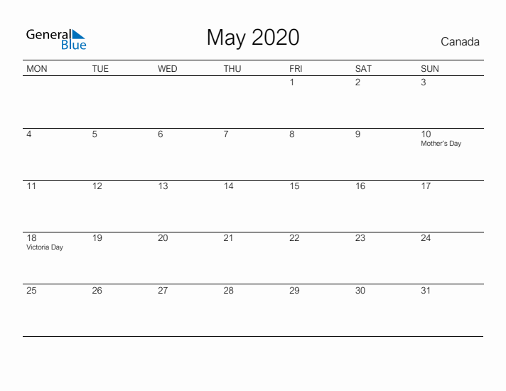Printable May 2020 Calendar for Canada