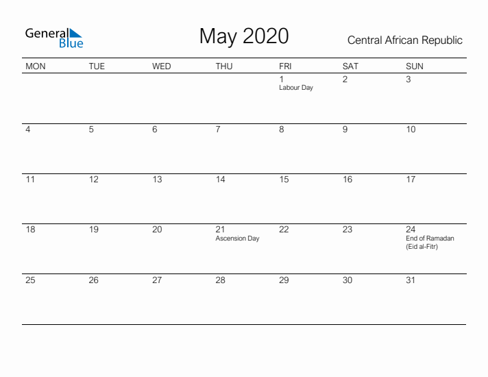Printable May 2020 Calendar for Central African Republic