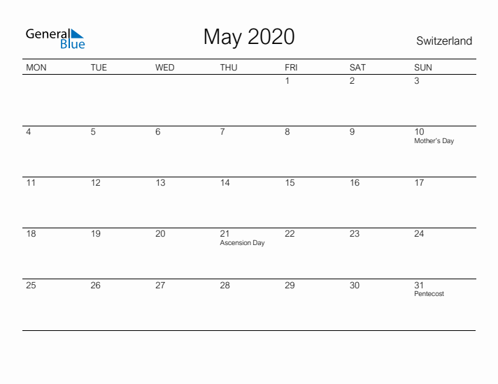 Printable May 2020 Calendar for Switzerland