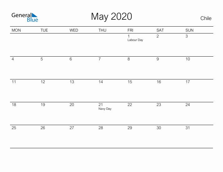 Printable May 2020 Calendar for Chile