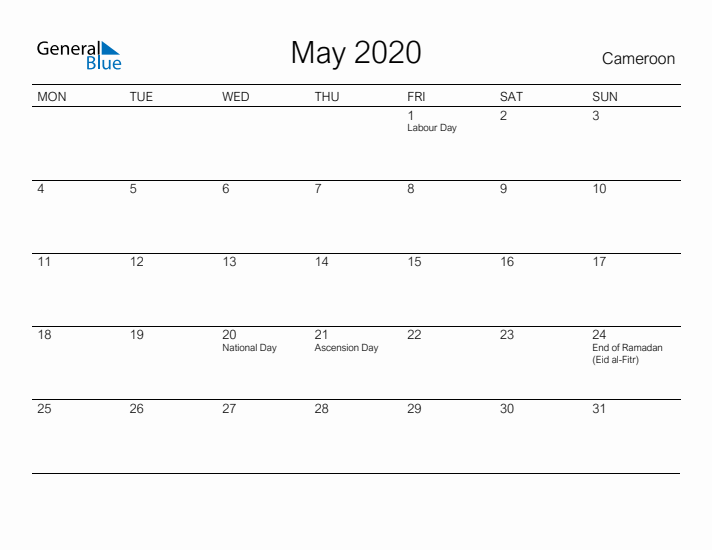 Printable May 2020 Calendar for Cameroon