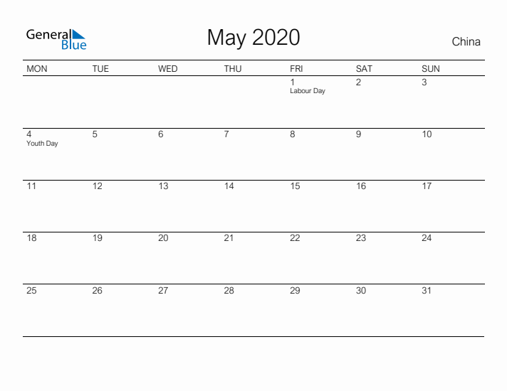 Printable May 2020 Calendar for China