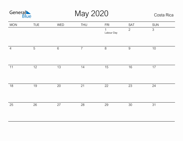 Printable May 2020 Calendar for Costa Rica