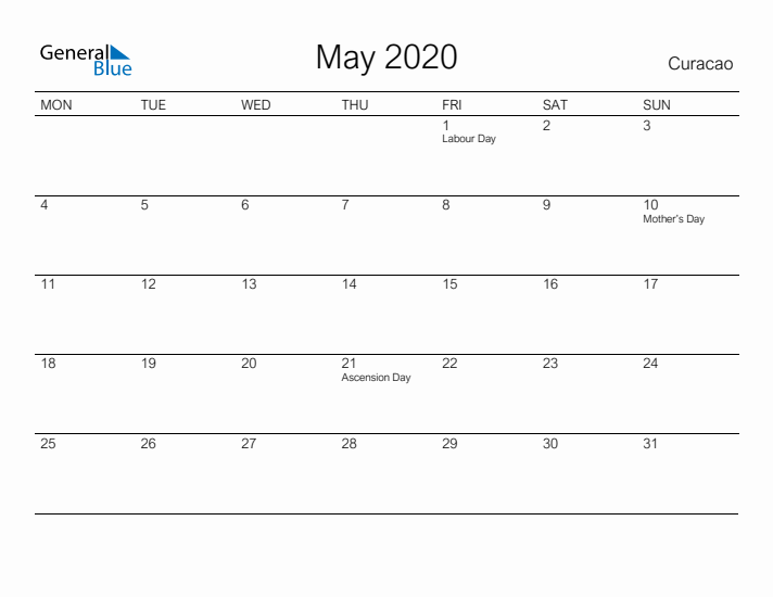 Printable May 2020 Calendar for Curacao