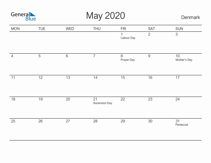 Printable May 2020 Calendar for Denmark