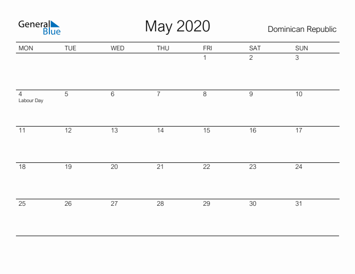 Printable May 2020 Calendar for Dominican Republic