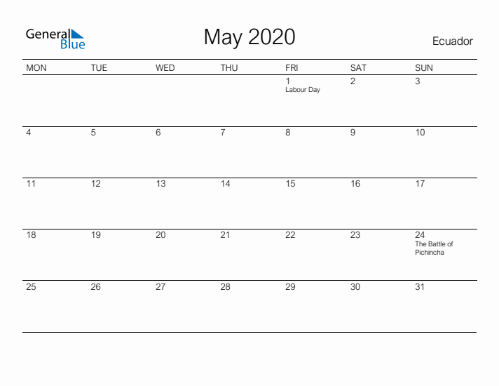 Printable May 2020 Calendar for Ecuador