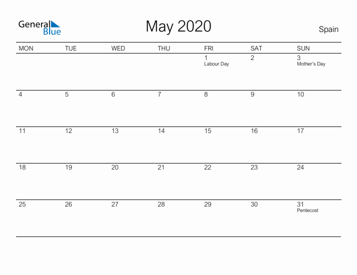 Printable May 2020 Calendar for Spain