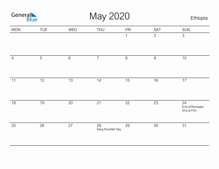 Printable May 2020 Calendar for Ethiopia