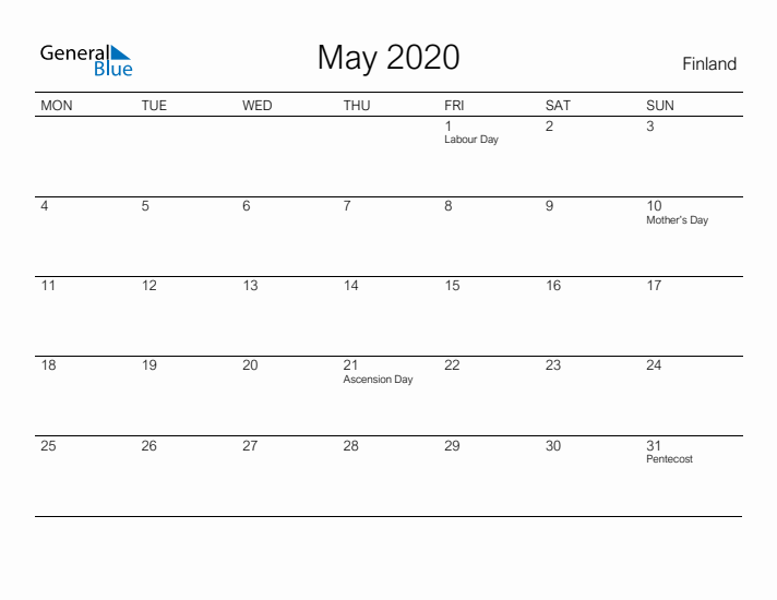 Printable May 2020 Calendar for Finland
