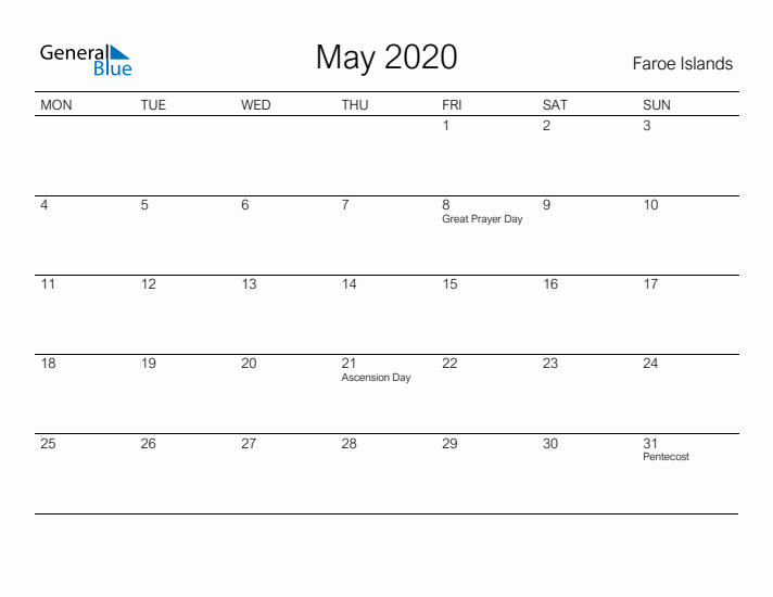 Printable May 2020 Calendar for Faroe Islands