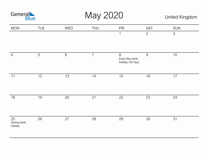 Printable May 2020 Calendar for United Kingdom