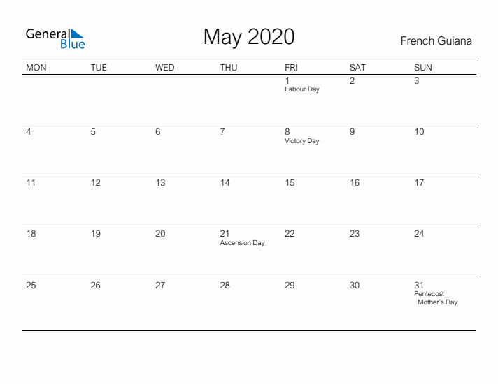 Printable May 2020 Calendar for French Guiana