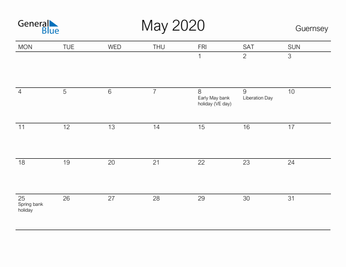 Printable May 2020 Calendar for Guernsey
