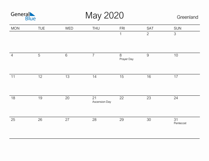 Printable May 2020 Calendar for Greenland
