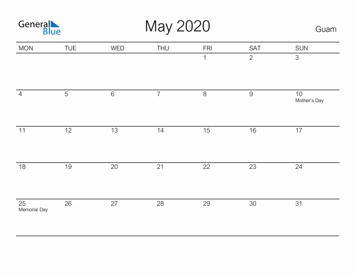 Printable May 2020 Calendar for Guam