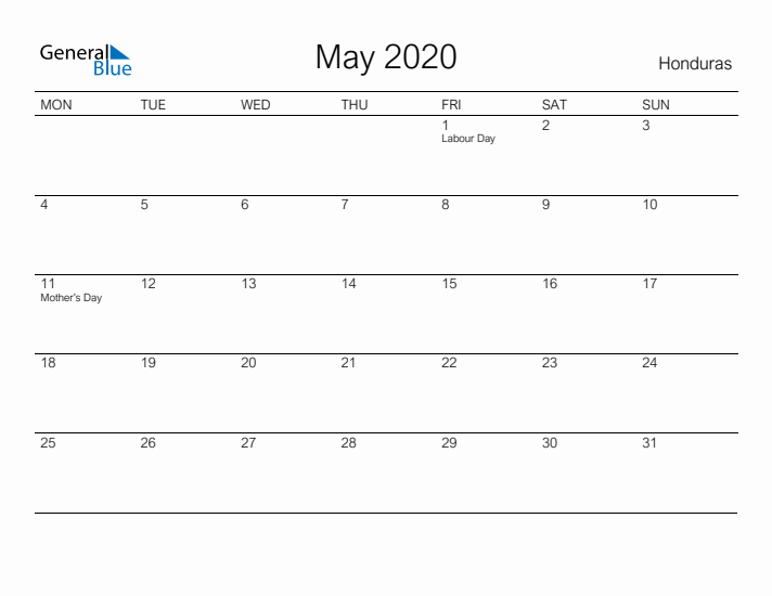 Printable May 2020 Calendar for Honduras
