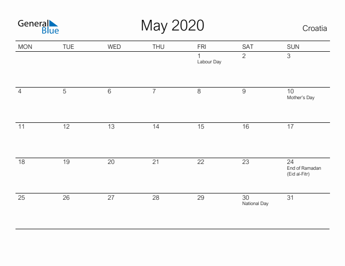 Printable May 2020 Calendar for Croatia