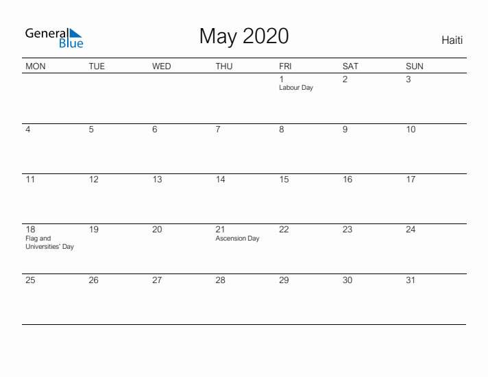Printable May 2020 Calendar for Haiti