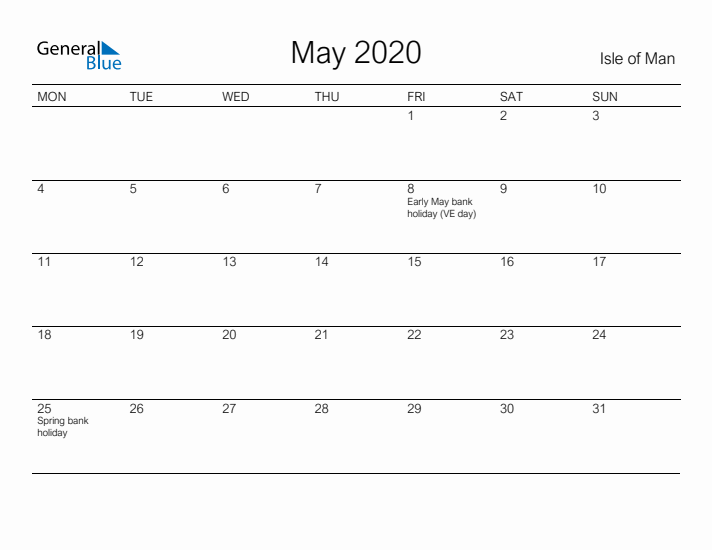 Printable May 2020 Calendar for Isle of Man