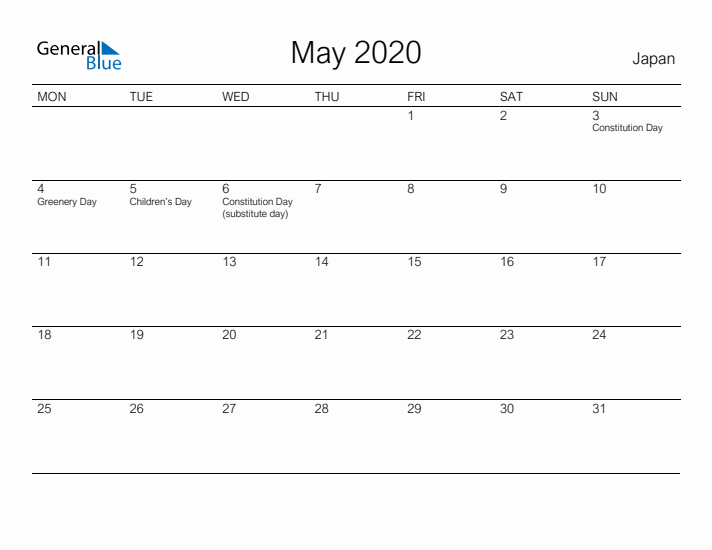 Printable May 2020 Calendar for Japan