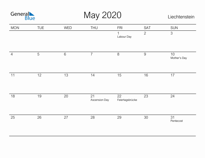 Printable May 2020 Calendar for Liechtenstein
