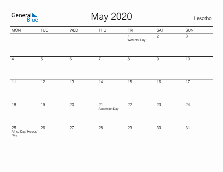 Printable May 2020 Calendar for Lesotho