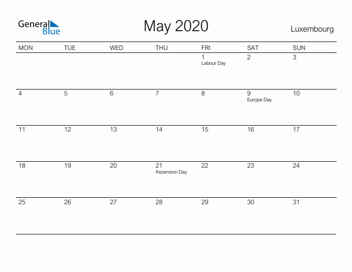 Printable May 2020 Calendar for Luxembourg