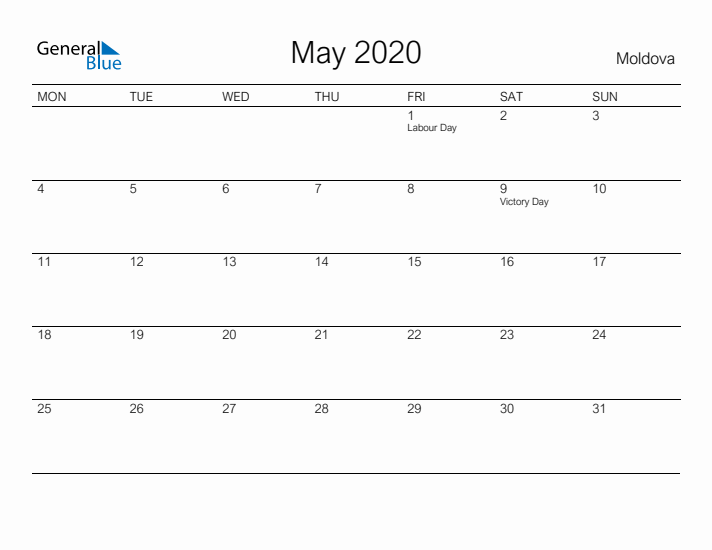 Printable May 2020 Calendar for Moldova
