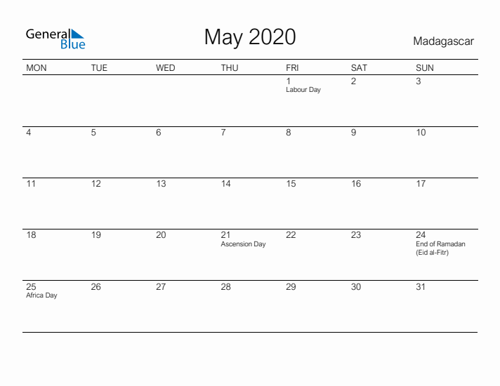 Printable May 2020 Calendar for Madagascar