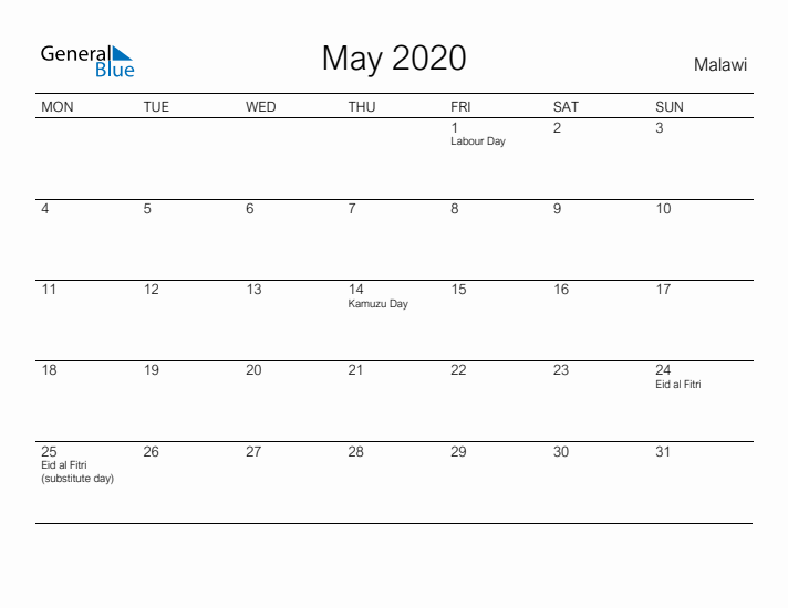 Printable May 2020 Calendar for Malawi