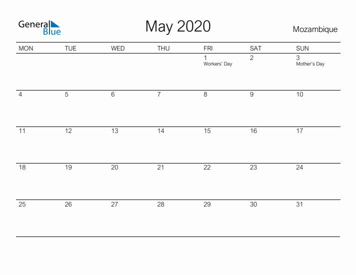 Printable May 2020 Calendar for Mozambique