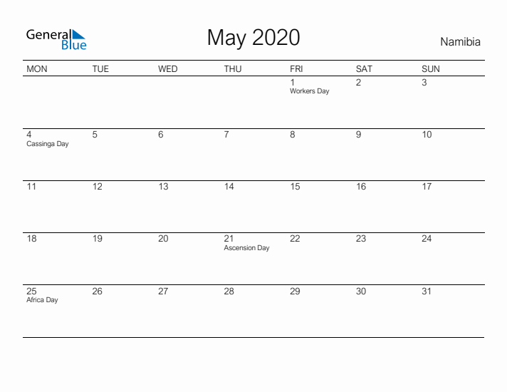 Printable May 2020 Calendar for Namibia