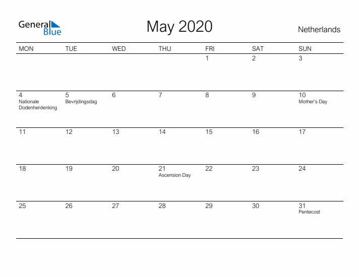 Printable May 2020 Calendar for The Netherlands