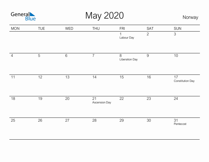 Printable May 2020 Calendar for Norway