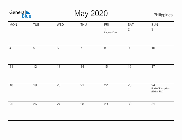 Printable May 2020 Calendar for Philippines