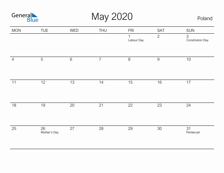 Printable May 2020 Calendar for Poland