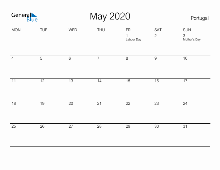 Printable May 2020 Calendar for Portugal