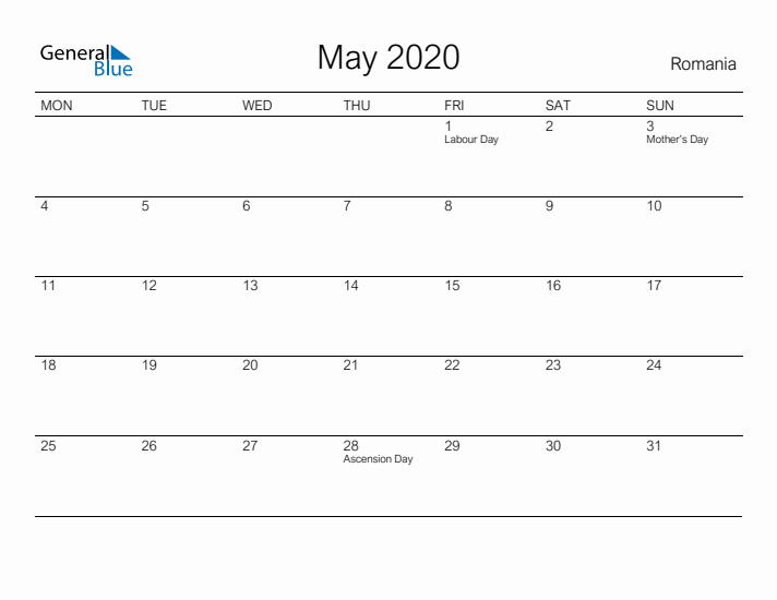 Printable May 2020 Calendar for Romania